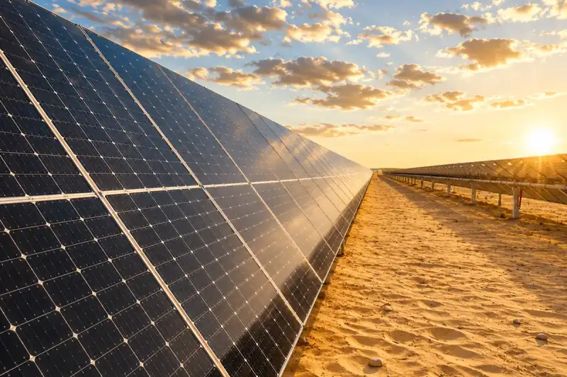 Fileiras de módulos de uma usina solar de solo ao pôr do sol