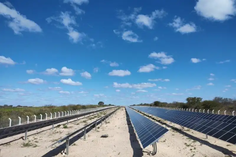 Usina solar de solo com fileiras de módulos fotovoltaicos sob céu azul